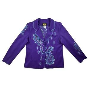 Bob Mackie Blazer Purple Wool Blend Art To Wear Boho Mod Retro Paisley Jacket L